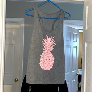 Heather gray razor back tank top with pink pineapple graphic